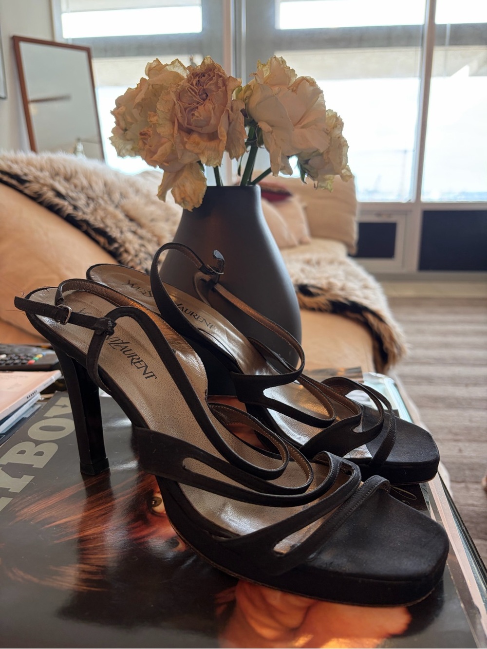 Saint Laurent Black Suede Multi-Strap High Heel Sandals